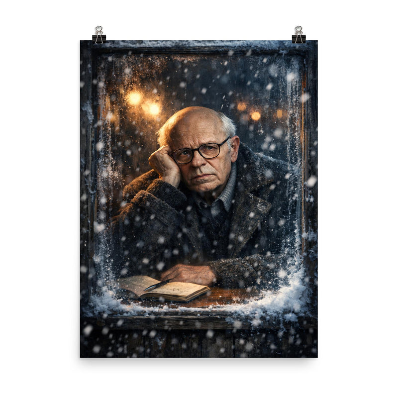 Andrei Sakharov in exile snowy window glare poster on a plain backdrop in size 8
