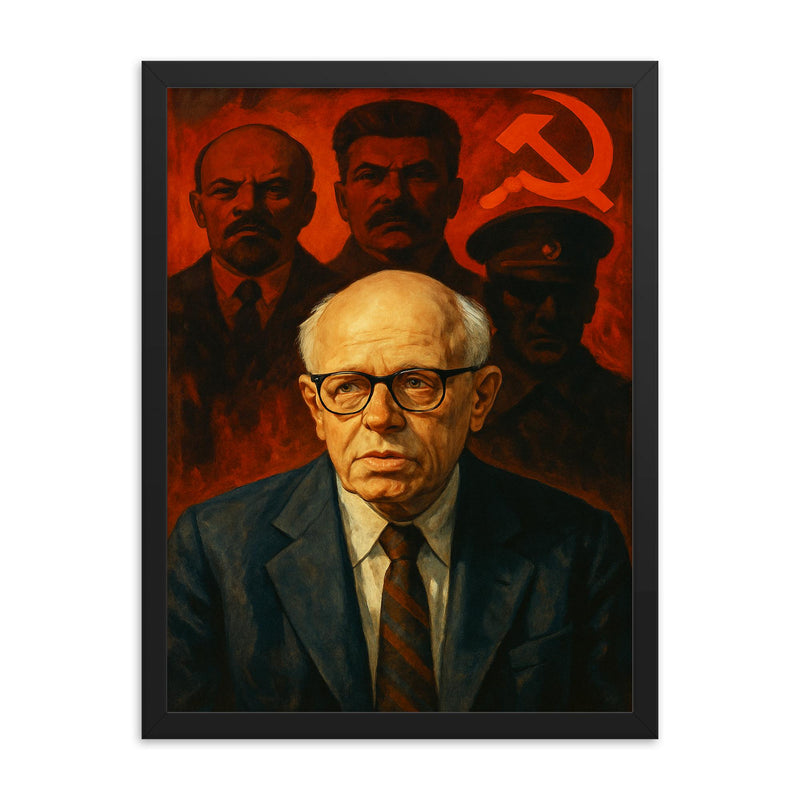 Andrei Sakharov under watchful Soviet shadows framed print on a plain backdrop in size 18