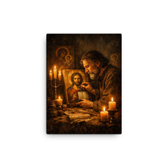 Andrei Tarkovsky like icon painter by candlelight canvas print on a plain backdrop in size 12"x16".
