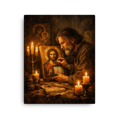 Andrei Tarkovsky like icon painter by candlelight canvas print on a plain backdrop in size 16"x20".