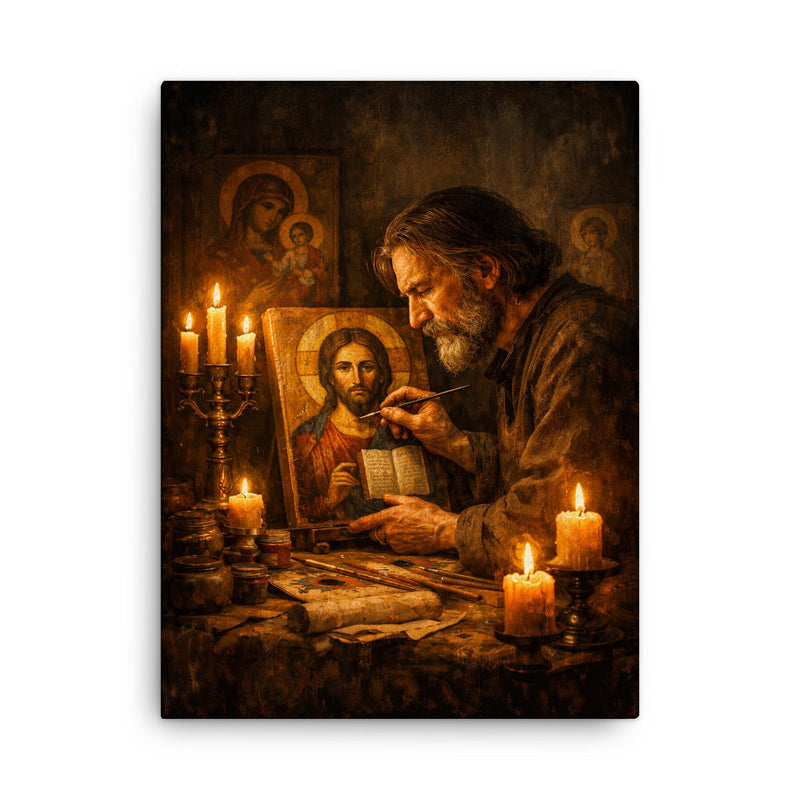 Andrei Tarkovsky like icon painter by candlelight canvas print on a plain backdrop in size 18
