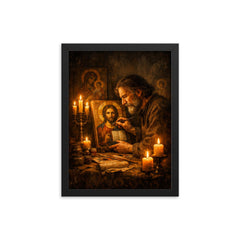 Andrei Tarkovsky like icon painter by candlelight framed print on a plain backdrop in size 12"x16".