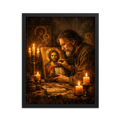 Andrei Tarkovsky like icon painter by candlelight framed print on a plain backdrop in size 16"x20".