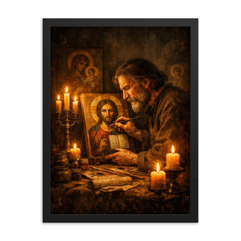 Andrei Tarkovsky like icon painter by candlelight framed print on a plain backdrop in size 18