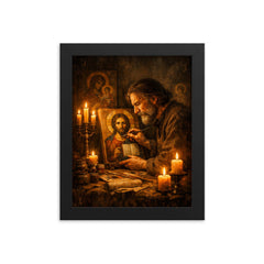 Andrei Tarkovsky like icon painter by candlelight framed print on a plain backdrop in size 8"x10".