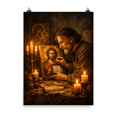 Andrei Tarkovsky like icon painter by candlelight poster on a plain backdrop in size 8"x10".