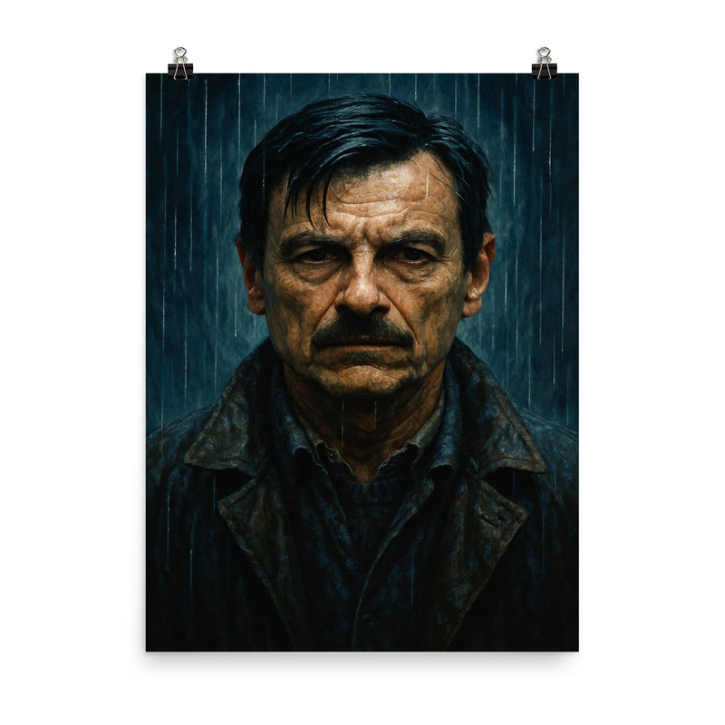 Andrei Tarkovsky zone rain portrait poster on a plain backdrop in size 8