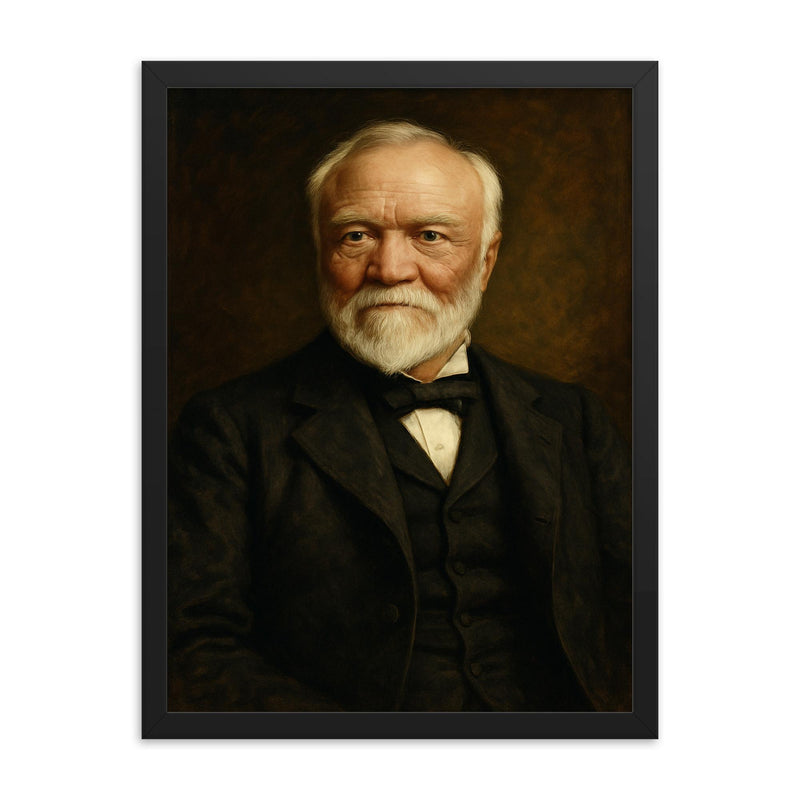 Andrew Carnegie framed print on a plain backdrop in size 18