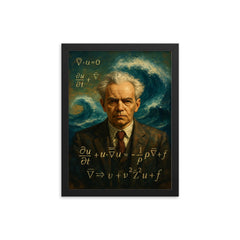 Andrey Kolmogorov before turbulent equations and waves framed print on a plain backdrop in size 12"x16".