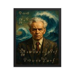 Andrey Kolmogorov before turbulent equations and waves framed print on a plain backdrop in size 16"x20".