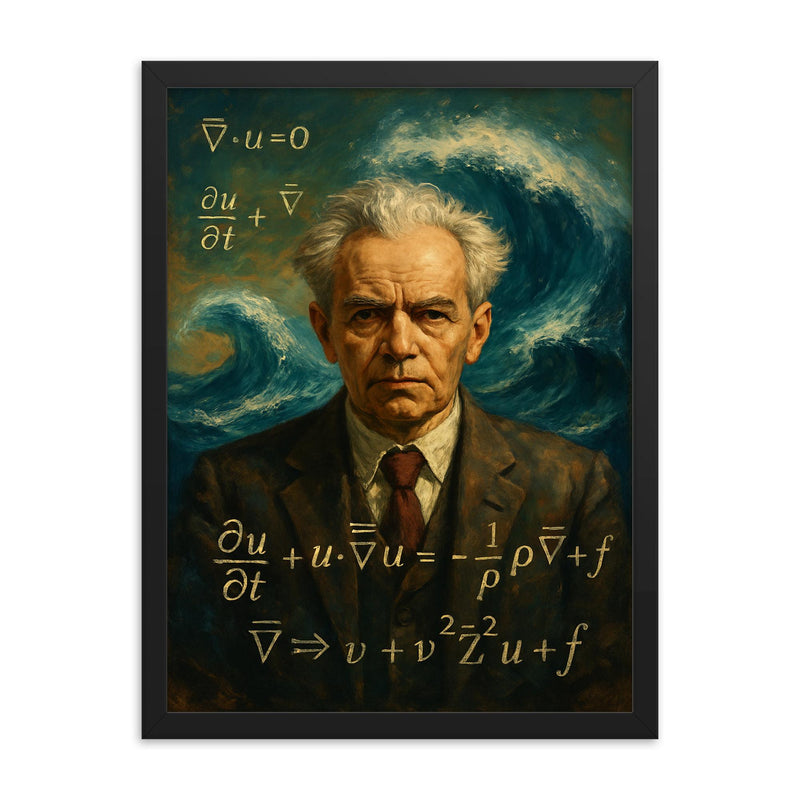 Andrey Kolmogorov before turbulent equations and waves framed print on a plain backdrop in size 18