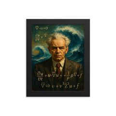 Andrey Kolmogorov before turbulent equations and waves framed print on a plain backdrop in size 8"x10".