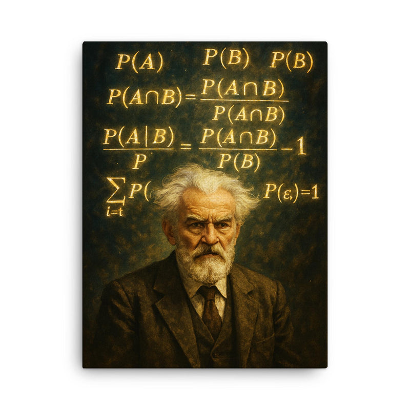 Andrey Kolmogorov under cascading probability formulas canvas print on a plain backdrop in size 18