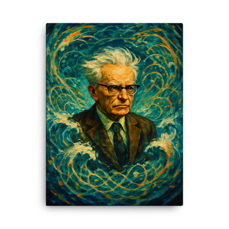 Andrey Kolmogorov under turbulent probability waves canvas print on a plain backdrop in size 18