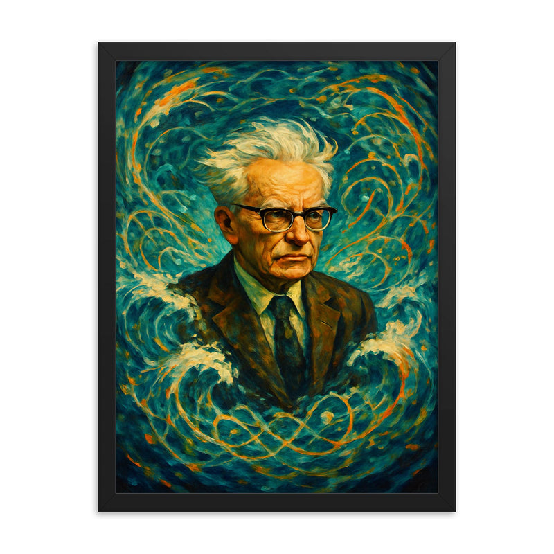 Andrey Kolmogorov under turbulent probability waves framed print on a plain backdrop in size 18