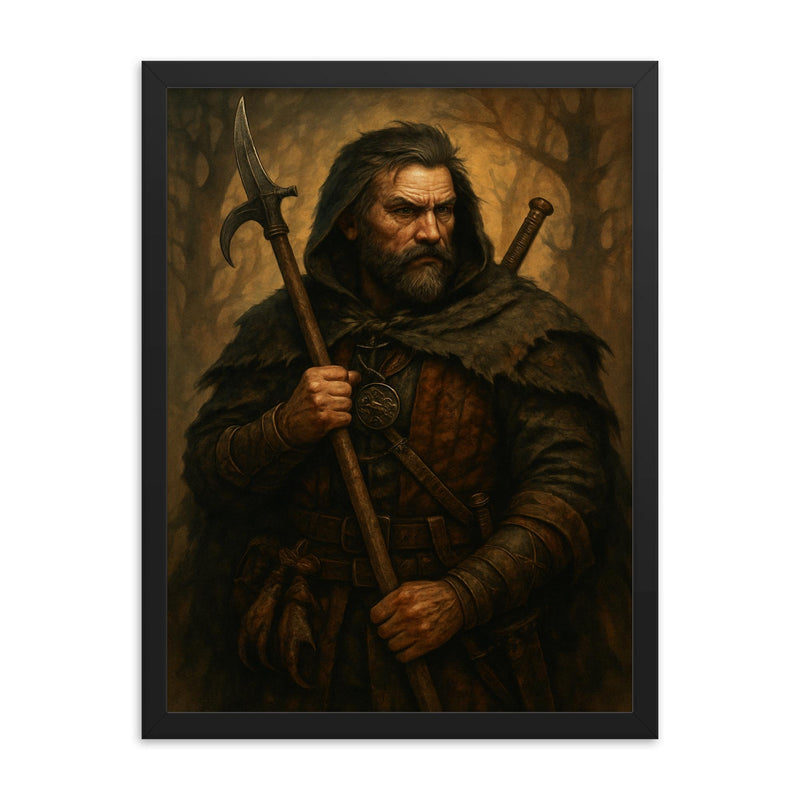 Andrzej Sapkowski inspired Slavic beast hunter original framed print on a plain backdrop in size 18