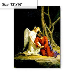Angel Comforting Jesus Before His Arrest In The Garden Of Gethsemane by Carl Bloch metal print on a plain backdrop in size 12"x16".