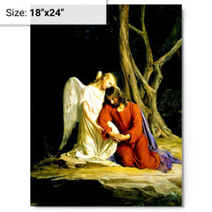 Angel Comforting Jesus Before His Arrest In The Garden Of Gethsemane by Carl Bloch metal print on a plain backdrop in size 18"x24".