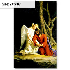 Angel Comforting Jesus Before His Arrest In The Garden Of Gethsemane by Carl Bloch metal print on a plain backdrop in size 24"x36".