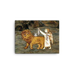 Angel with Bunnies on Lion's Back canvas print on a plain backdrop in size 12"x16".