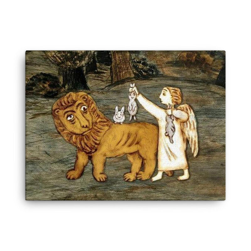 Angel with Bunnies on Lion's Back canvas print on a plain backdrop in size 18