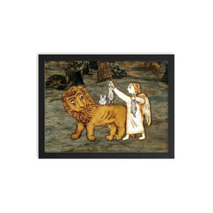 Angel with Bunnies on Lion's Back framed print on a plain backdrop in size 12"x16".