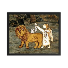 Angel with Bunnies on Lion's Back framed print on a plain backdrop in size 16"x20".