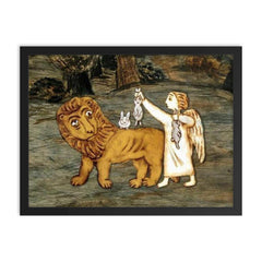 Angel with Bunnies on Lion's Back framed print on a plain backdrop in size 18"x24".