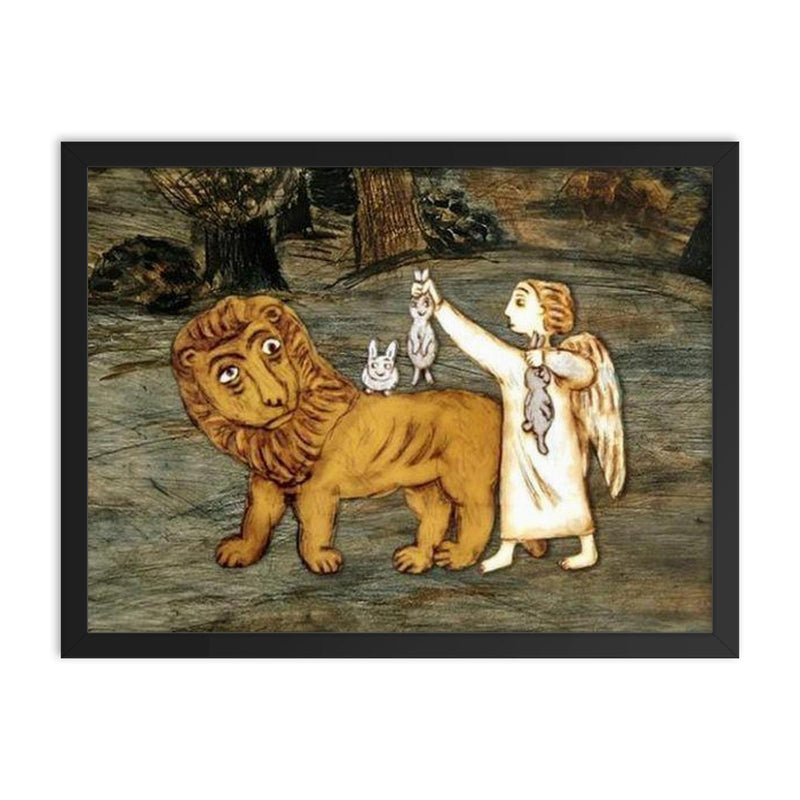 Angel with Bunnies on Lion's Back framed print on a plain backdrop in size 18