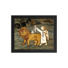 Angel with Bunnies on Lion's Back framed print on a plain backdrop in size 8"x10".