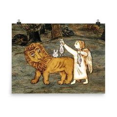 Angel with Bunnies on Lion's Back poster on a plain backdrop in size 8"x10".