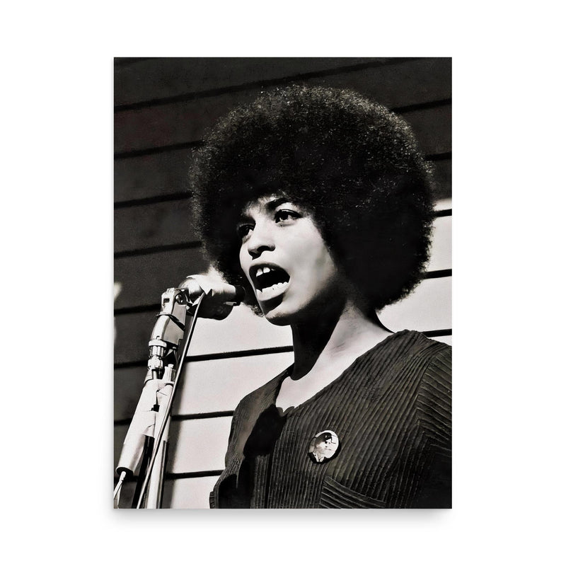 Angela Davis poster on a plain backdrop in size 18