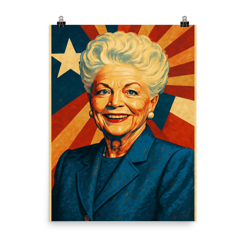 Ann Richards poster on a plain backdrop in size 8