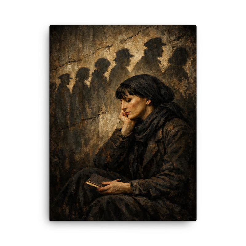 Anna Akhmatova beneath prison queue shadows canvas print on a plain backdrop in size 18