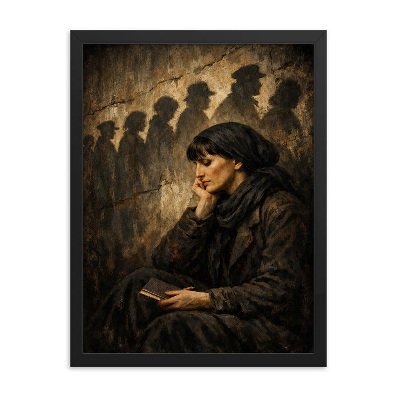 Anna Akhmatova beneath prison queue shadows framed print on a plain backdrop in size 18