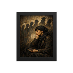 Anna Akhmatova beneath prison queue shadows framed print on a plain backdrop in size 8"x10".
