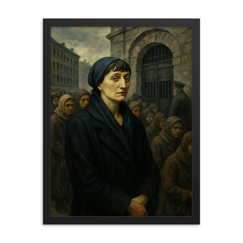 Anna Akhmatova in Leningrad prison queue framed print on a plain backdrop in size 18