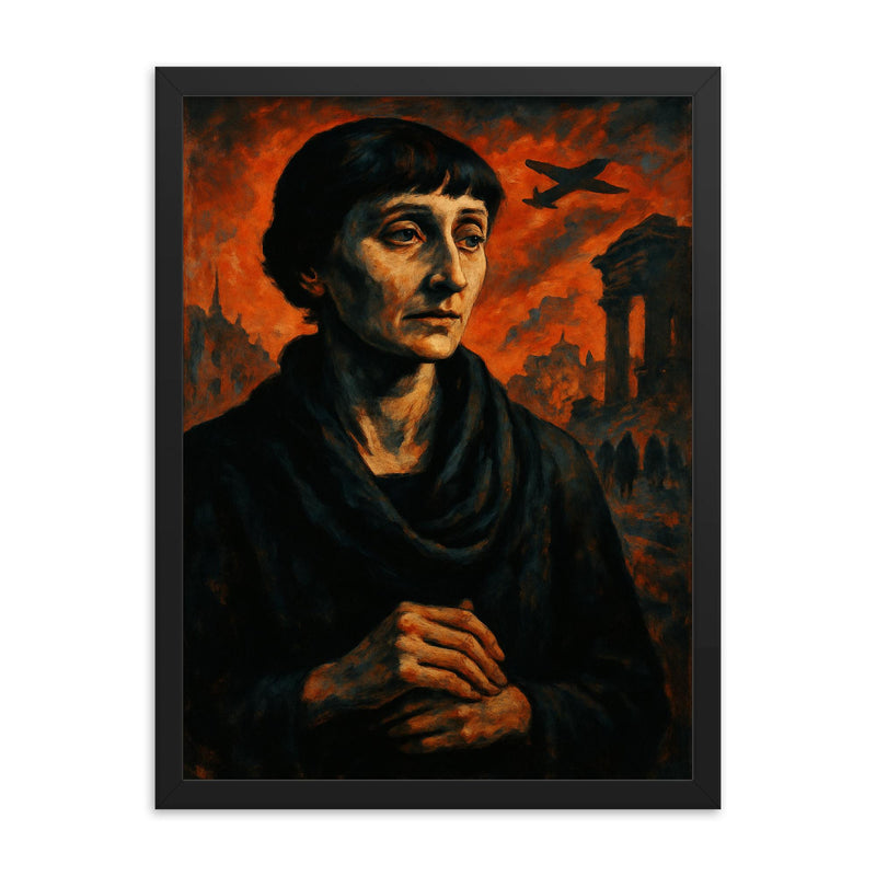 Anna Akhmatova in siege shadow framed print on a plain backdrop in size 18