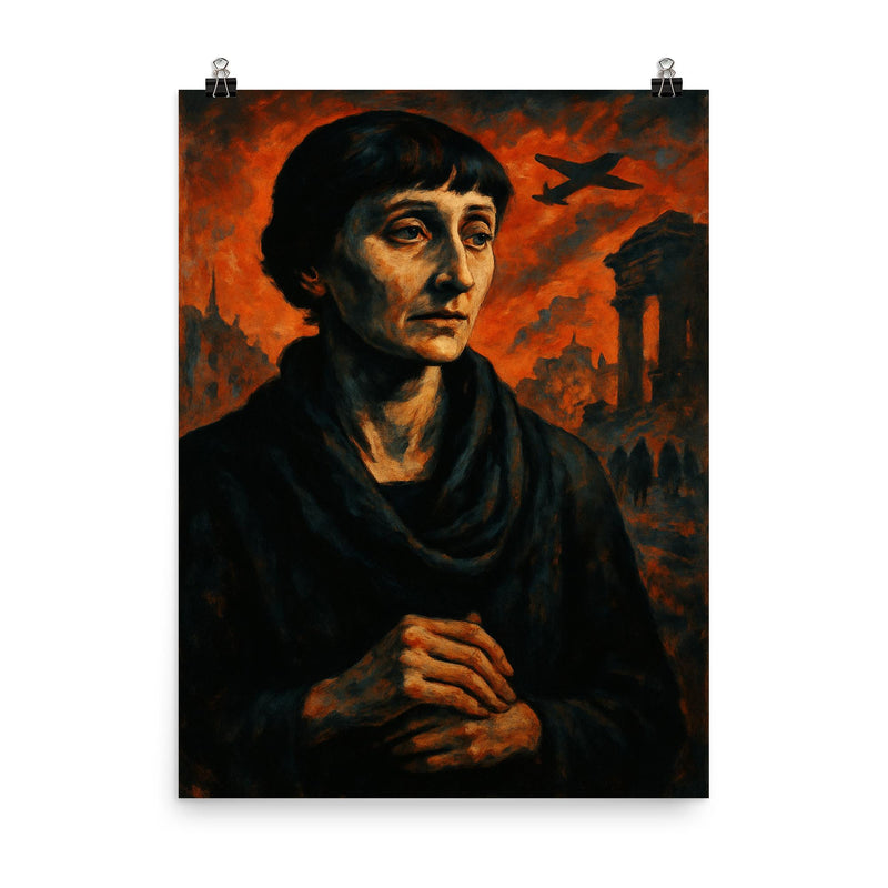 Anna Akhmatova in siege shadow poster on a plain backdrop in size 8