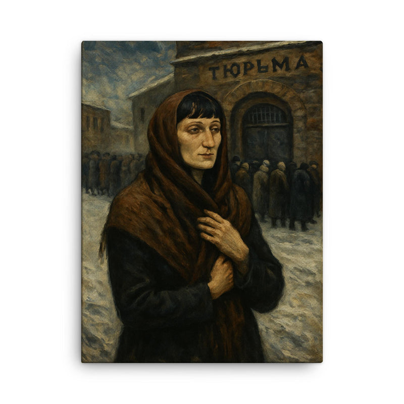 Anna Akhmatova outside prison queues in winter canvas print on a plain backdrop in size 18
