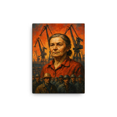 Anna Walentynowicz among cranes and workers canvas print on a plain backdrop in size 12"x16".