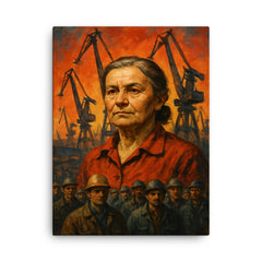 Anna Walentynowicz among cranes and workers canvas print on a plain backdrop in size 18"x24".