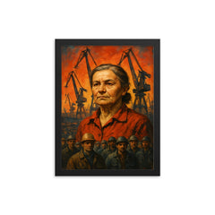 Anna Walentynowicz among cranes and workers framed print on a plain backdrop in size 12"x16".