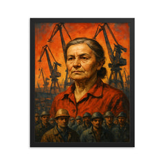 Anna Walentynowicz among cranes and workers framed print on a plain backdrop in size 16"x20".