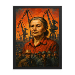 Anna Walentynowicz among cranes and workers framed print on a plain backdrop in size 18"x24".