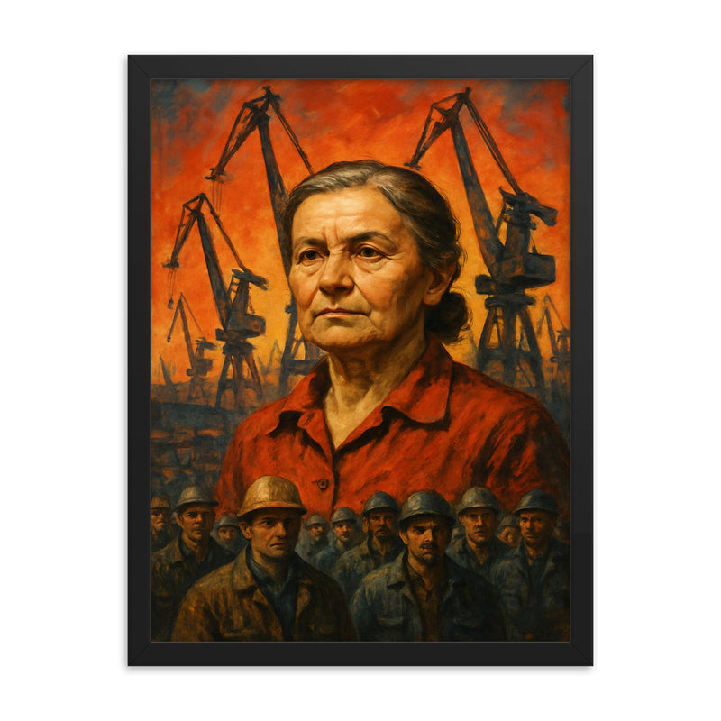 Anna Walentynowicz among cranes and workers framed print on a plain backdrop in size 18