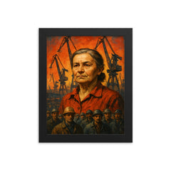 Anna Walentynowicz among cranes and workers framed print on a plain backdrop in size 8"x10".