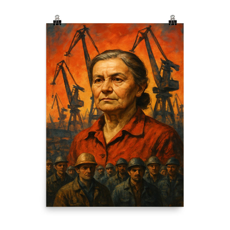 Anna Walentynowicz among cranes and workers poster on a plain backdrop in size 8