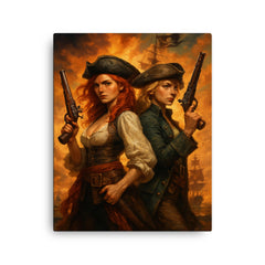 Anne Bonny and Mary Read back to back canvas print on a plain backdrop in size 16"x20".