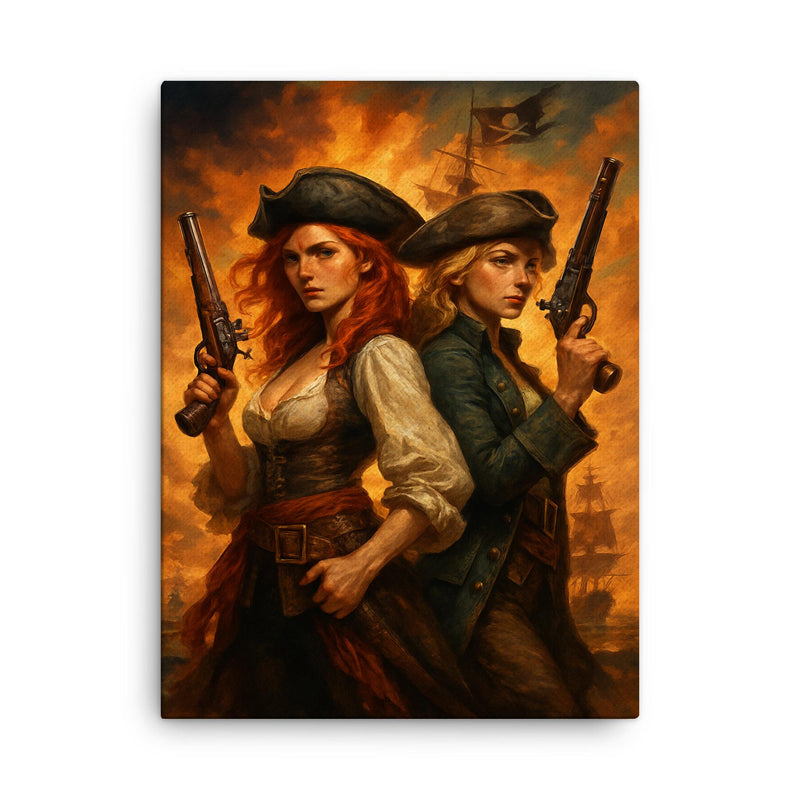 Anne Bonny and Mary Read back to back canvas print on a plain backdrop in size 18
